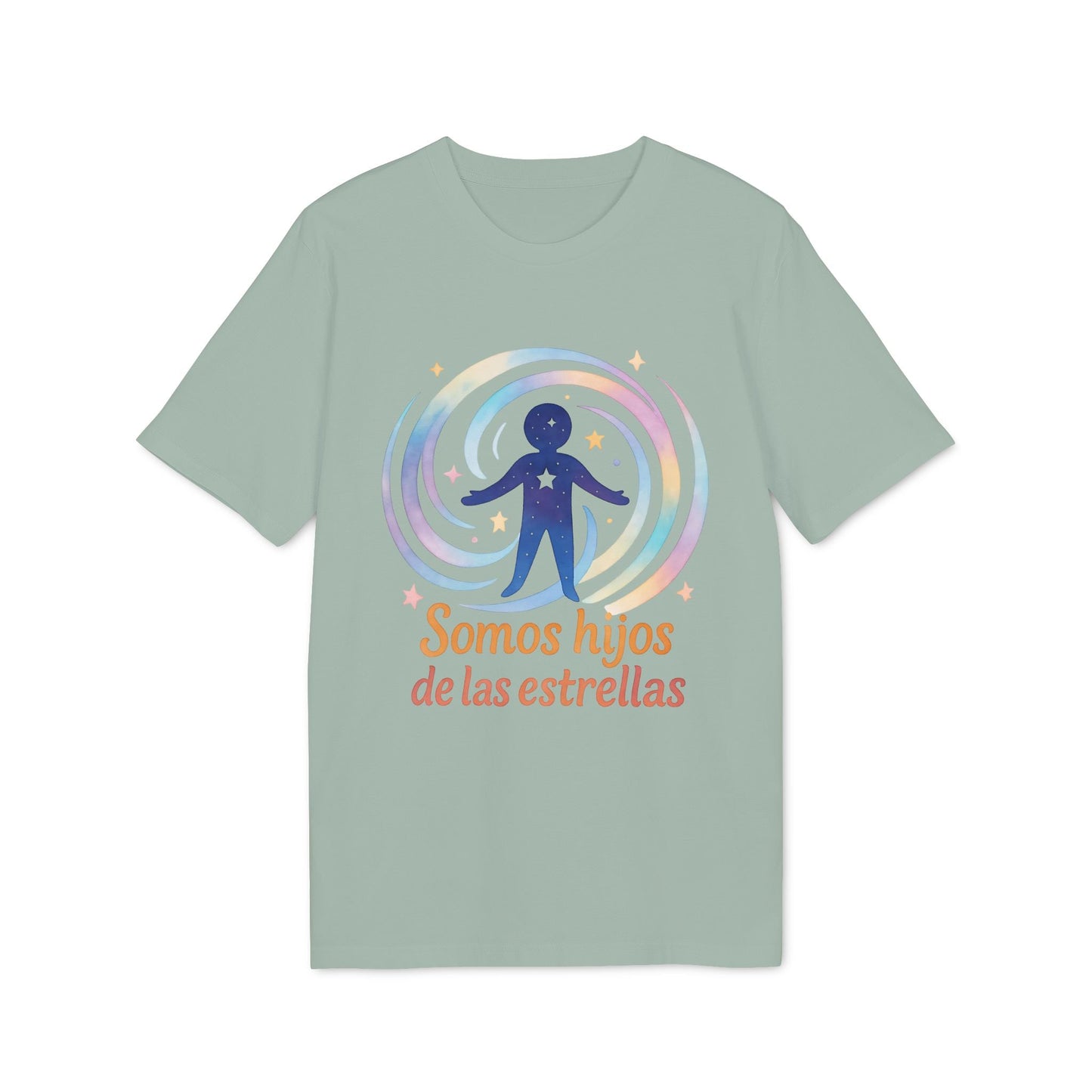 Alt Tag: Somos Hijos las Estrellas Organica 100% Organic Cotton T-Shirt, camiseta verde con gráfico de figura estrellada y texto “Somos hijos de las estrellas”