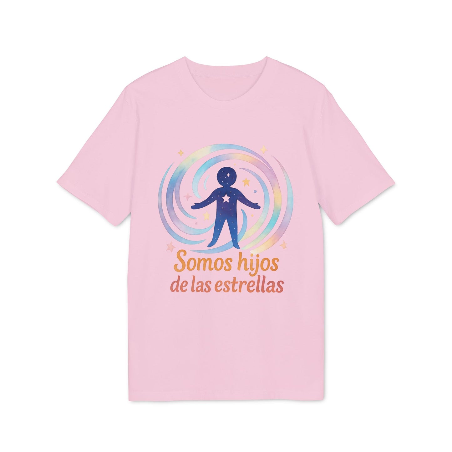Alt Tag: Somos Hijos las Estrellas Organica 100% Organic Cotton T-Shirt rosa con gráfico de figura estelar y texto “Somos hijos de las estrellas”