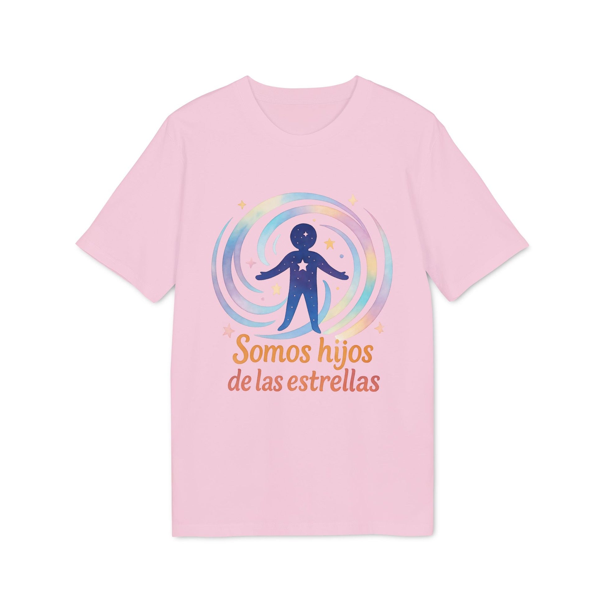 Alt Tag: Somos Hijos las Estrellas Organica 100% Organic Cotton T-Shirt rosa con gráfico de figura estelar y texto “Somos hijos de las estrellas”