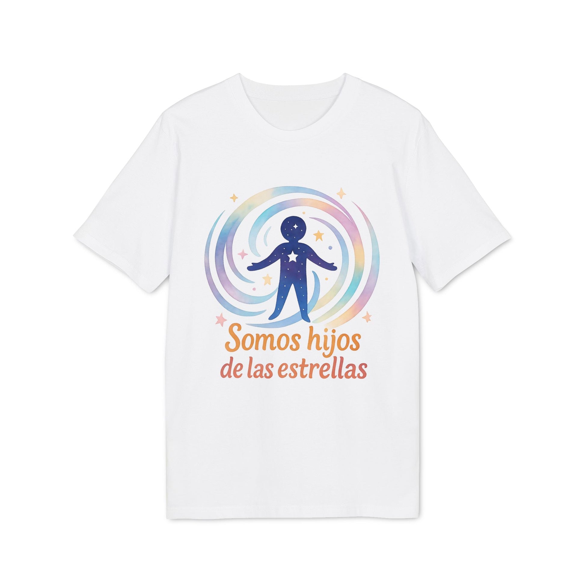 Alt Tag: Somos Hijos las Estrellas Organica 100% Organic Cotton T-Shirt blanca con gráfico cósmico y texto “Somos hijos de las estrellas”