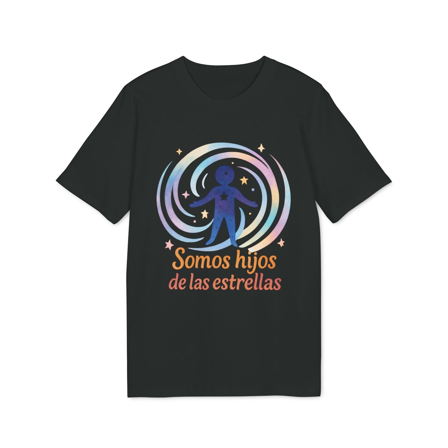 Somos Hijos las Estrellas Organica 100% Organic Cotton T-Shirt negra con gráfico cósmico y texto “Somos hijos de las estrellas”