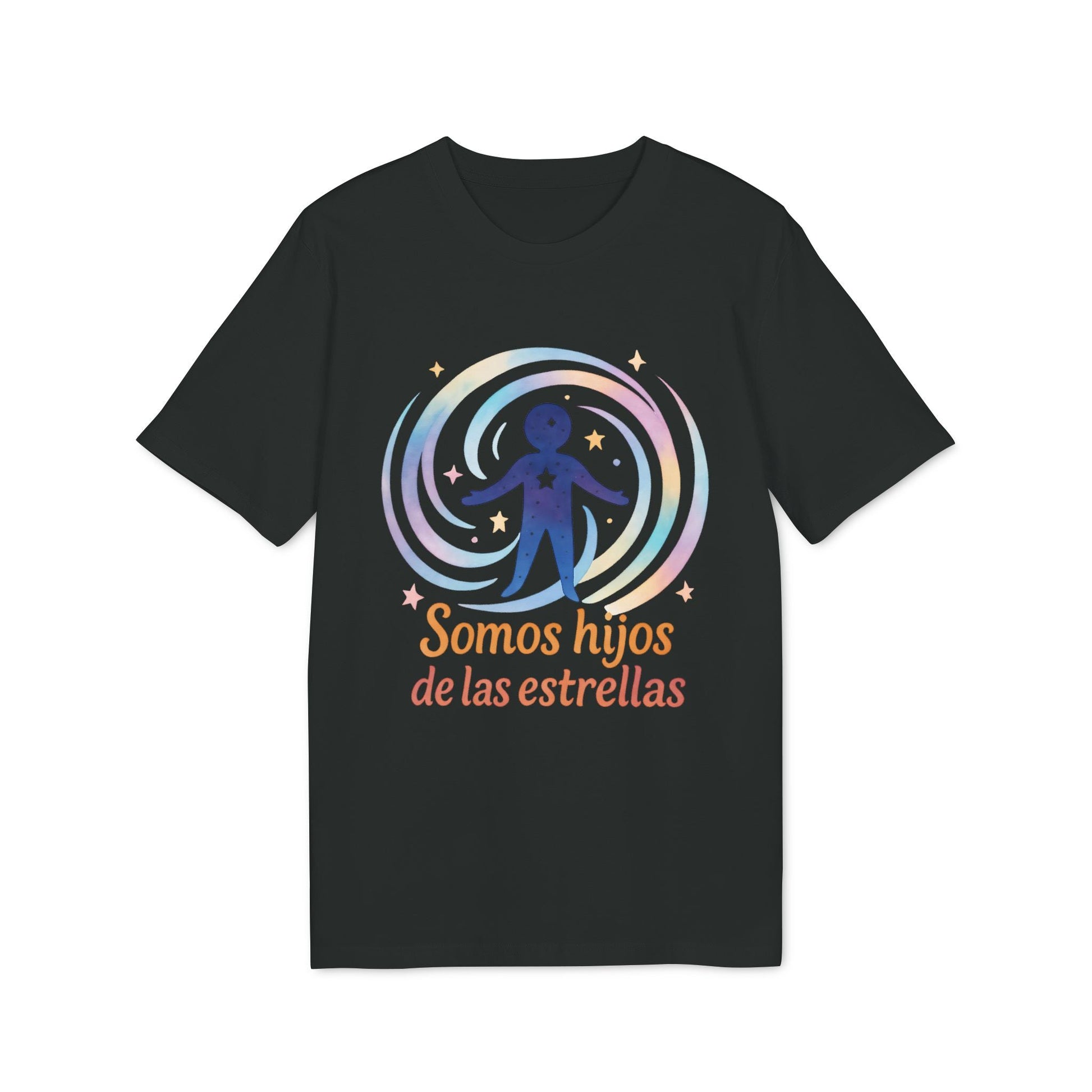 Somos Hijos las Estrellas Organica 100% Organic Cotton T-Shirt negra con gráfico cósmico y texto “Somos hijos de las estrellas”