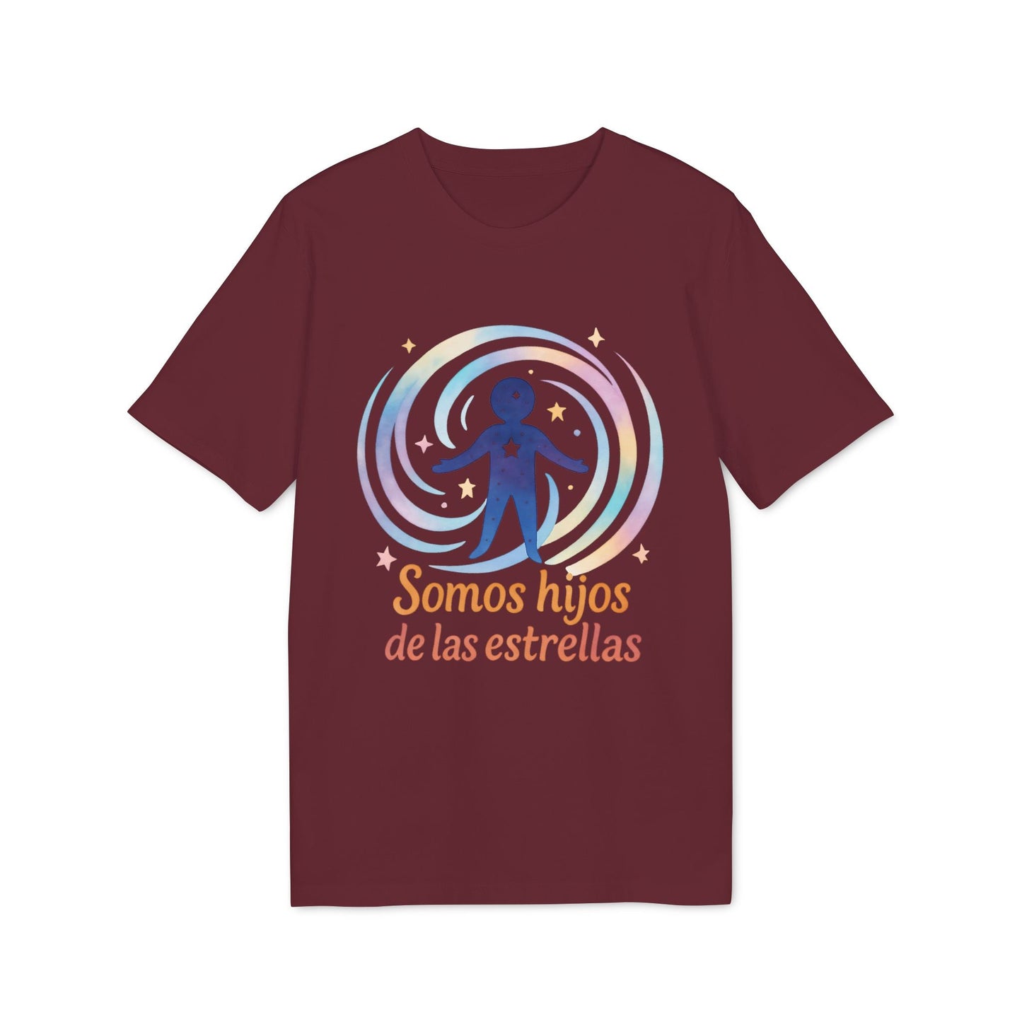 Somos Hijos las Estrellas Organica 100% Organic Cotton T-Shirt granate con gráfico cósmico y texto “Somos hijos de las estrellas”