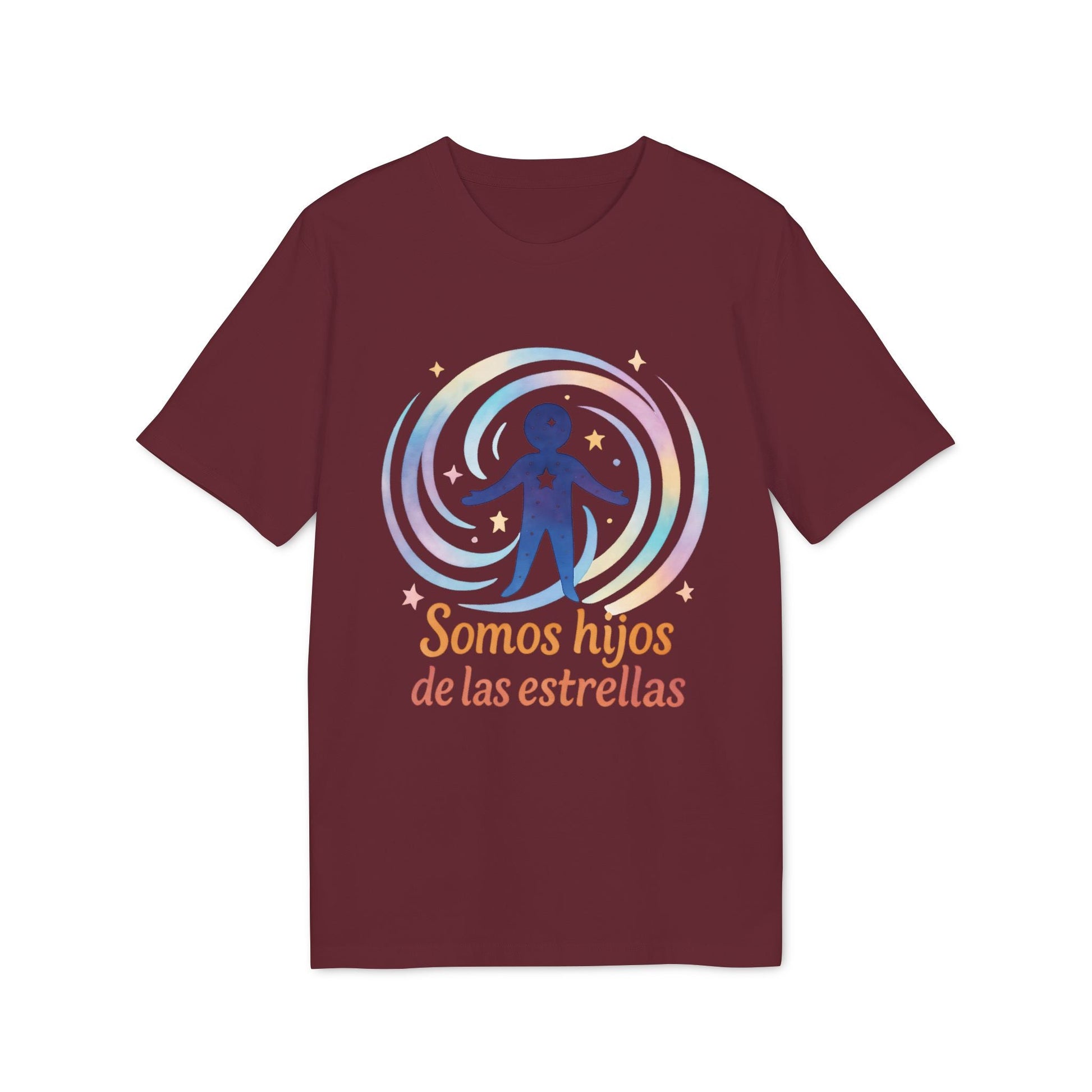 Somos Hijos las Estrellas Organica 100% Organic Cotton T-Shirt granate con gráfico cósmico y texto “Somos hijos de las estrellas”