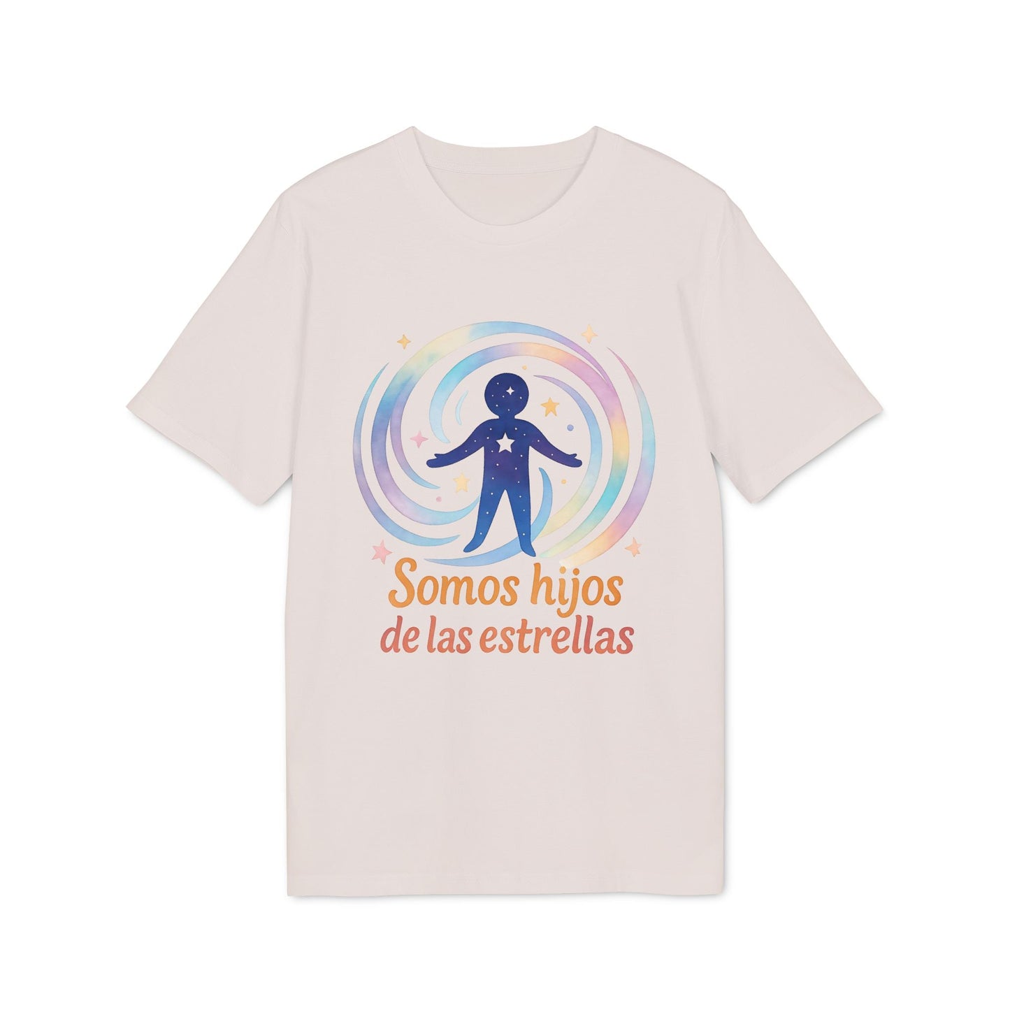 Alt Tag: Somos Hijos las Estrellas Organica 100% Organic Cotton T-Shirt camiseta beige con gráfico figura estelar y texto “Somos hijos de las estrellas”
