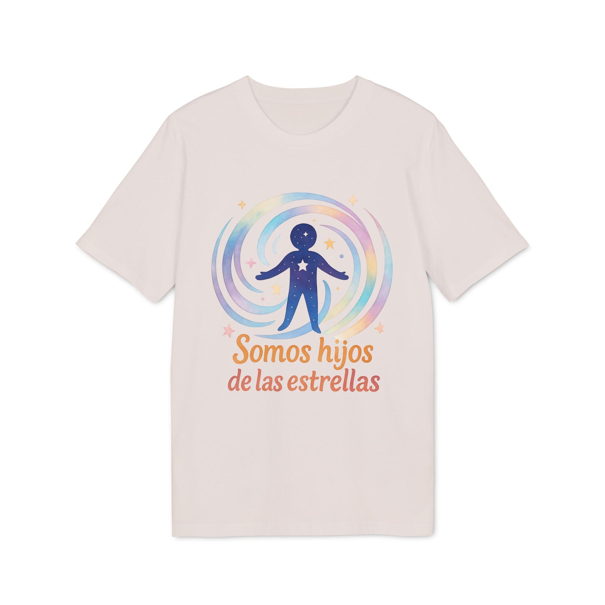 Alt Tag: Somos Hijos las Estrellas Organica 100% Organic Cotton T-Shirt camiseta beige con gráfico figura estelar y texto “Somos hijos de las estrellas”