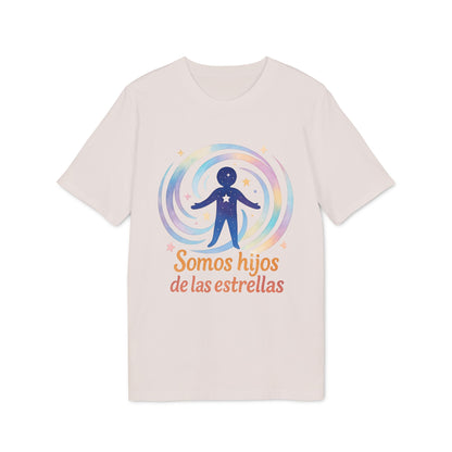 Alt Tag: Somos Hijos las Estrellas Organica 100% Organic Cotton T-Shirt camiseta beige con gráfico figura estelar y texto “Somos hijos de las estrellas”