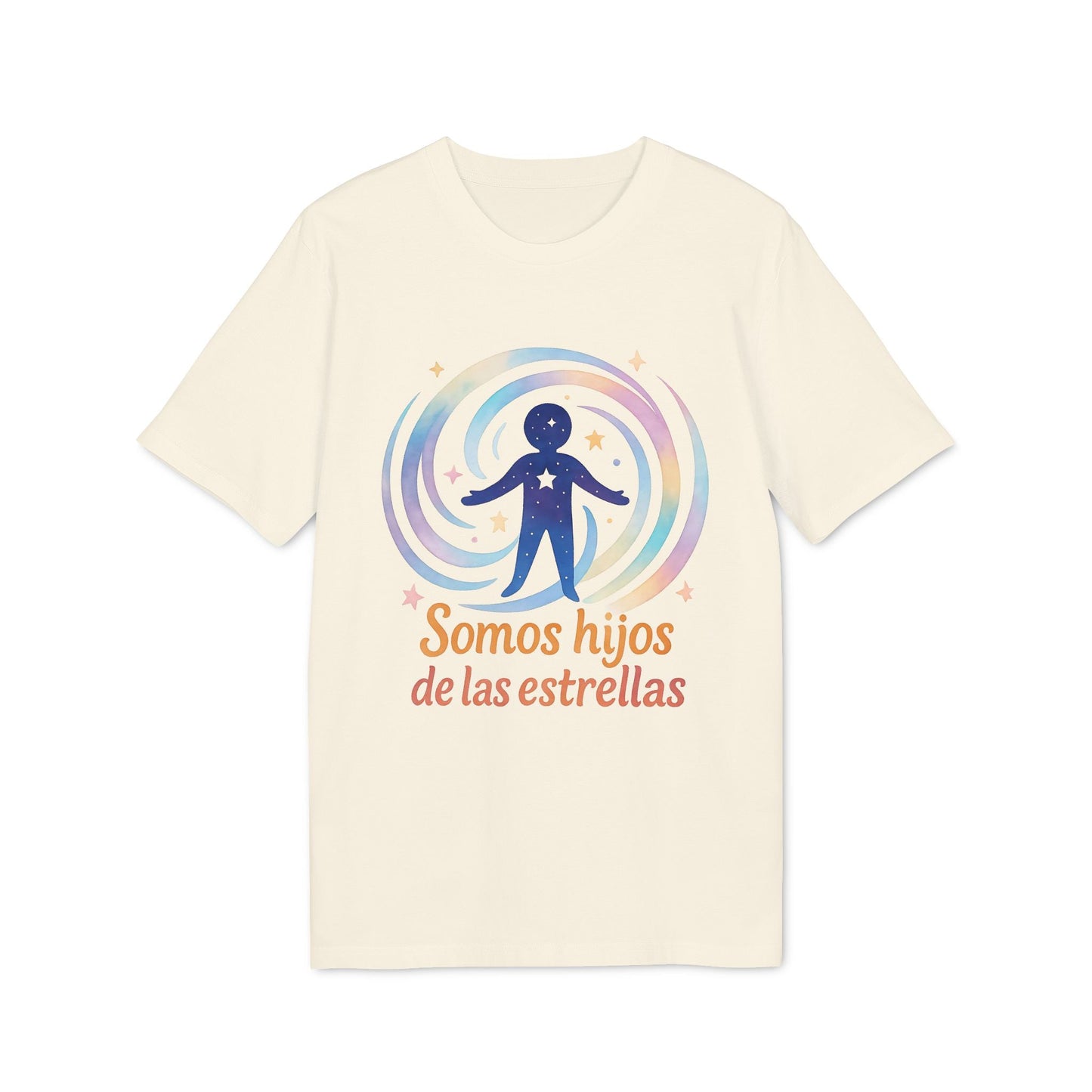 Alt Tag: Somos Hijos las Estrellas Organica 100% Organic Cotton T-Shirt camiseta color crema con ilustración cósmica y texto “Somos hijos de las estrellas”