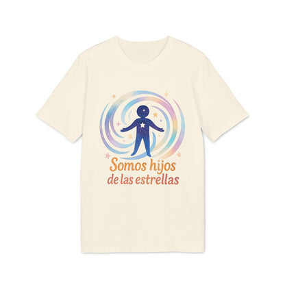 Alt Tag: Somos Hijos las Estrellas Organica 100% Organic Cotton T-Shirt camiseta color crema con ilustración cósmica y texto “Somos hijos de las estrellas”