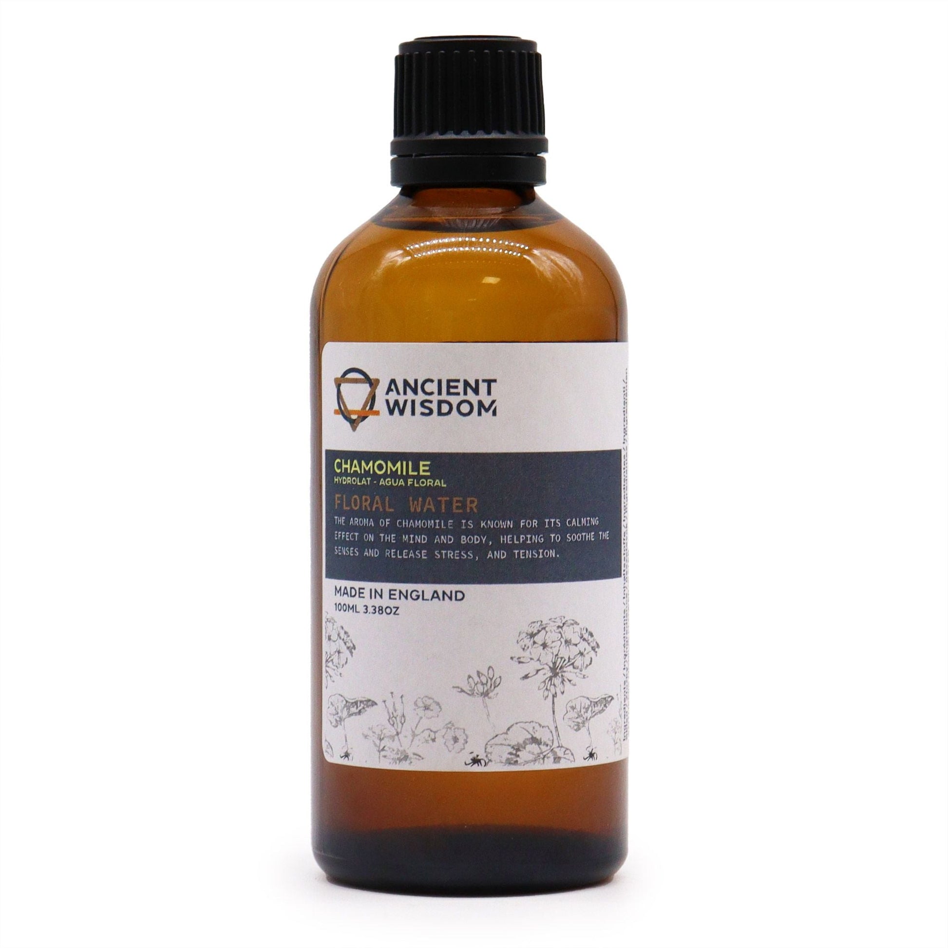 Soothing Chamomile Hydrolat – 100ML amber glass bottle with black cap, chamomile floral water label by Ancient Wisdom
