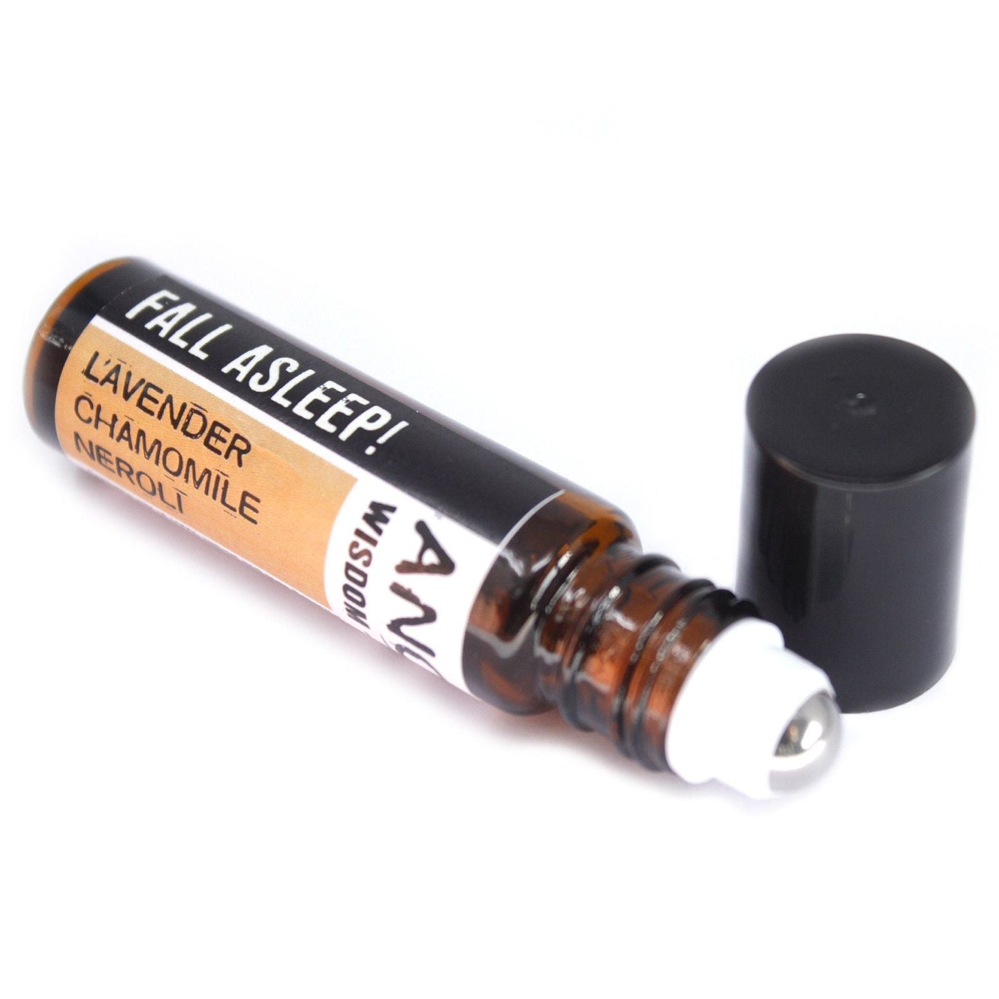 Beruhigendes ätherisches Öl Roll-On – 10-ml-Rollerflasche mit Etikett für eine Mischung aus ätherischen Ölen aus Lavendel, Kamille und Neroli sowie schwarzer Kappe