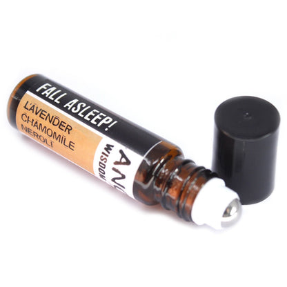 Beruhigendes ätherisches Öl Roll-On – 10-ml-Rollerflasche mit Etikett für eine Mischung aus ätherischen Ölen aus Lavendel, Kamille und Neroli sowie schwarzer Kappe