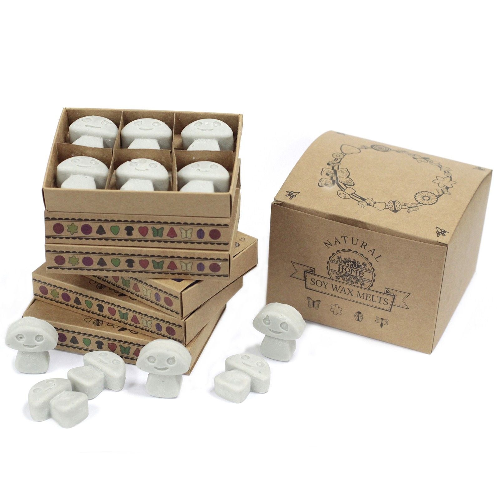 Alt Tag: Soy Blend Wax Melts Gift Set – Dark Patchouli, caja de regalo con cera derretible de soja y figuras de cera blanca en bandejas