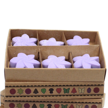 Alt Tag: Soy Blend Wax Melts Gift Set – Lavender Fields set of purple flower-shaped wax melts in divided kraft gift box
