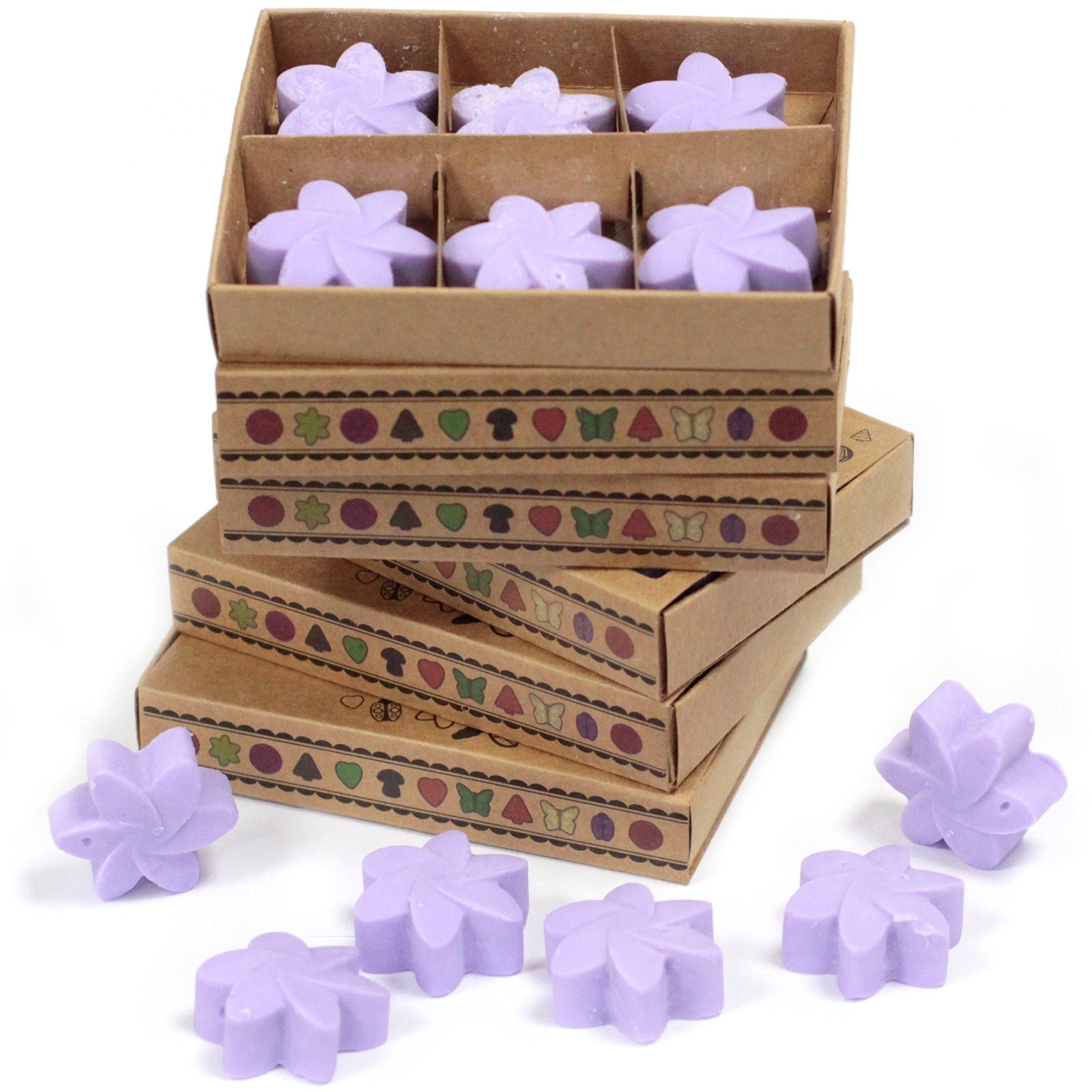 Alt Tag: Soy Blend Wax Melts Gift Set – Lavender Fields, wax melts morados en forma de flor en cajas de regalo apiladas