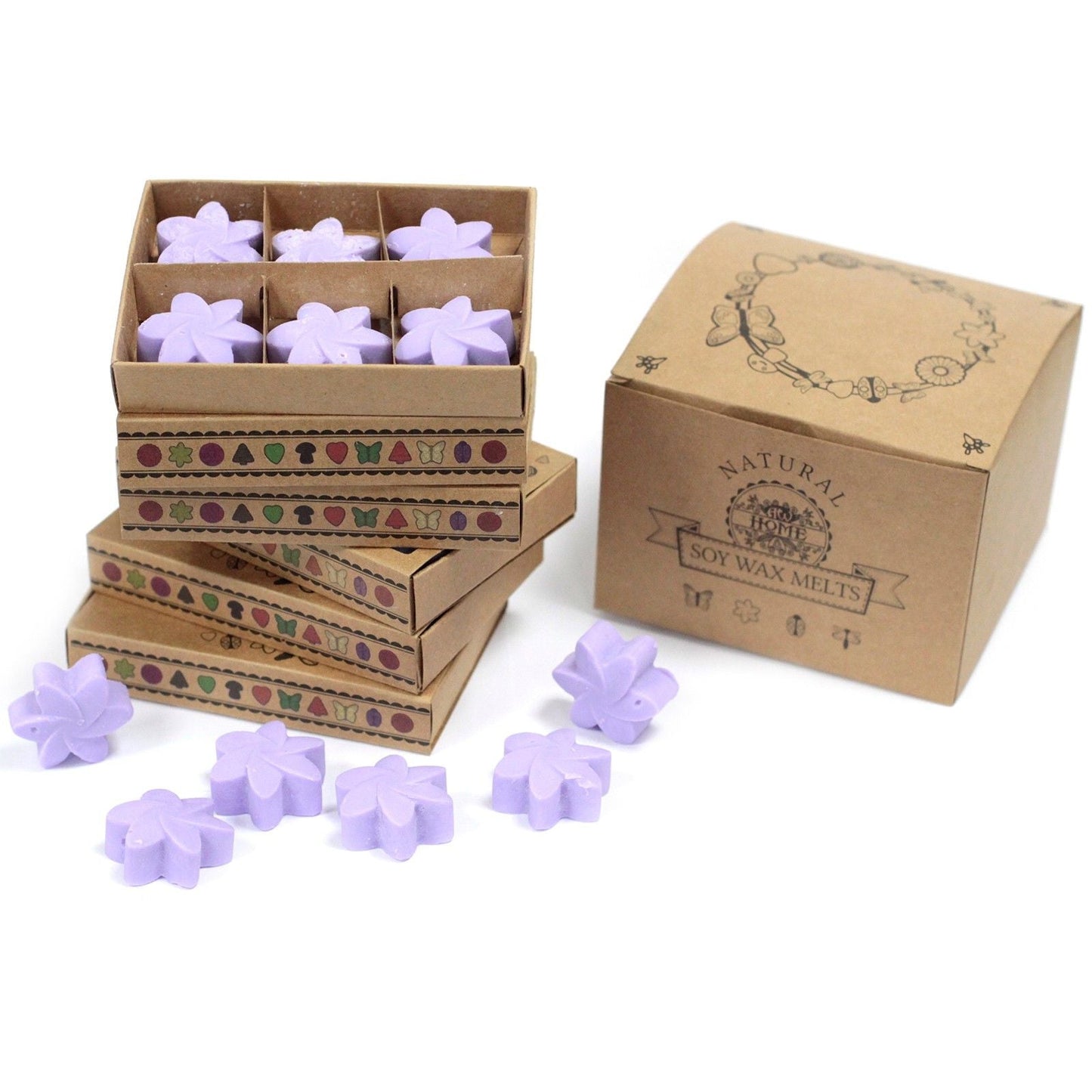 Alt Tag: Soy Blend Wax Melts Gift Set – Lavender Fields with purple flower-shaped soy wax melts in kraft gift box