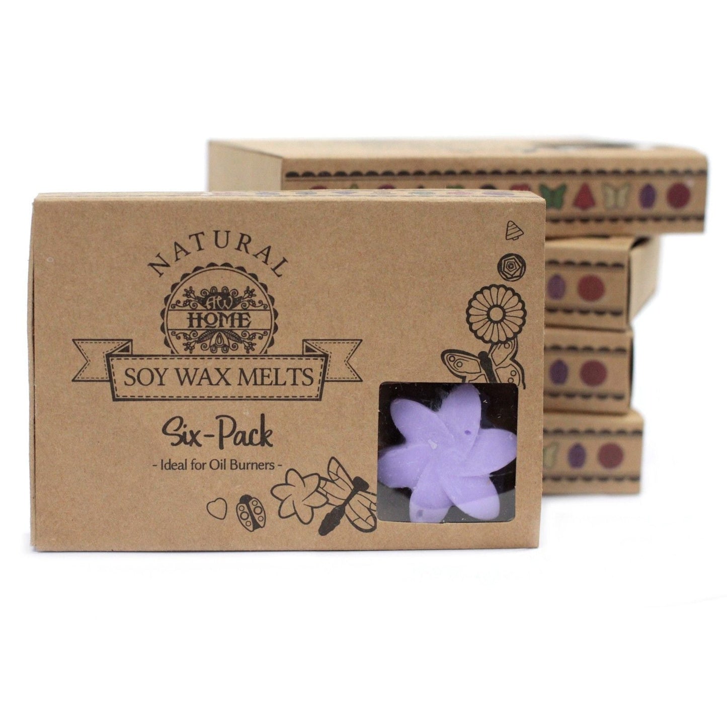 Alt Tag: Soy Blend Wax Melts Gift Set – Lavender Fields, six-pack soy wax melts in kraft box with lavender flower melt