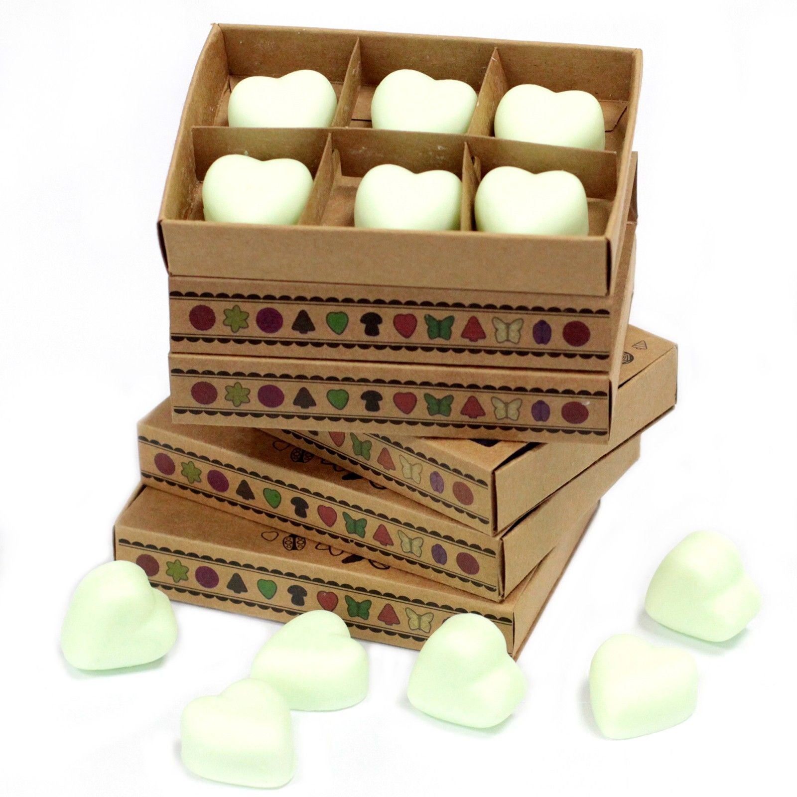 Alt Tag: Soy & Palm Wax Gift Set – 6 Mint & Menthol Melts, cajas de regalo con 6 melts en forma de corazón color verde menta