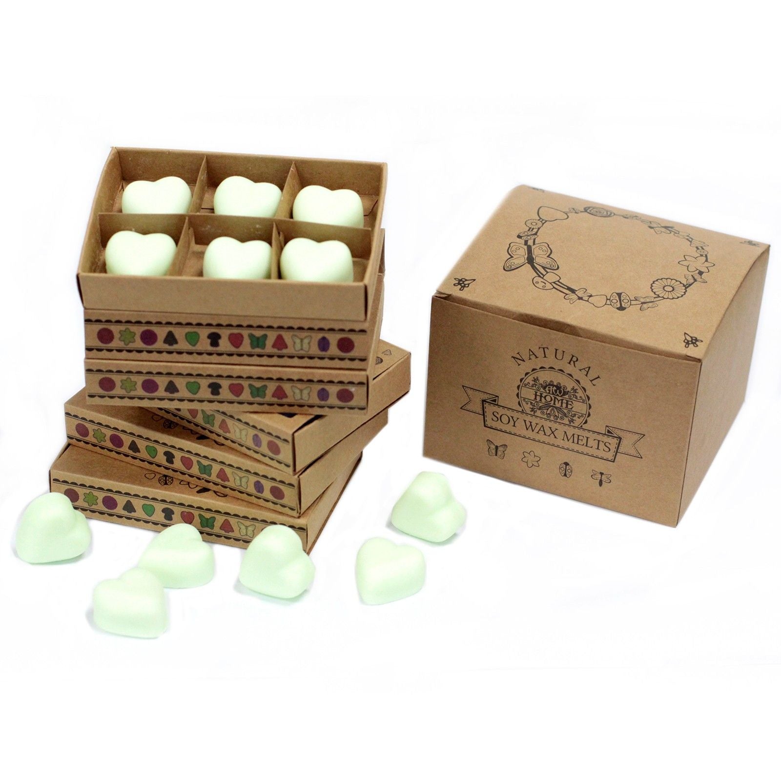 Soy & Palm Wax Gift Set – 6 Mint & Menthol Melts, cajas de melts en forma de corazón verde menta en empaque kraft natural