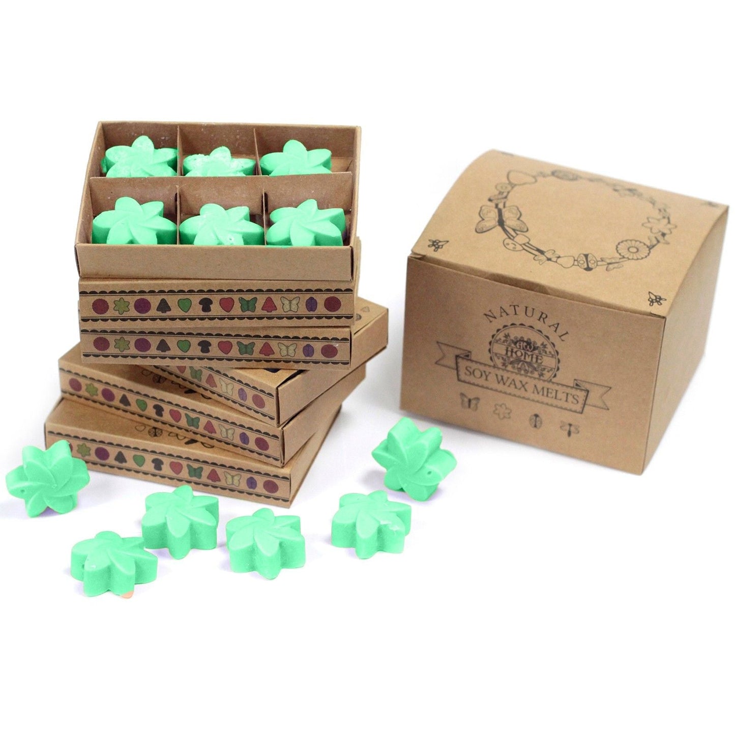 Alt Tag: Soy & Palm Wax Melts Gift Set – Hidden Garden green flower-shaped wax melts in kraft gift box, soy and palm wax, paraffin-free