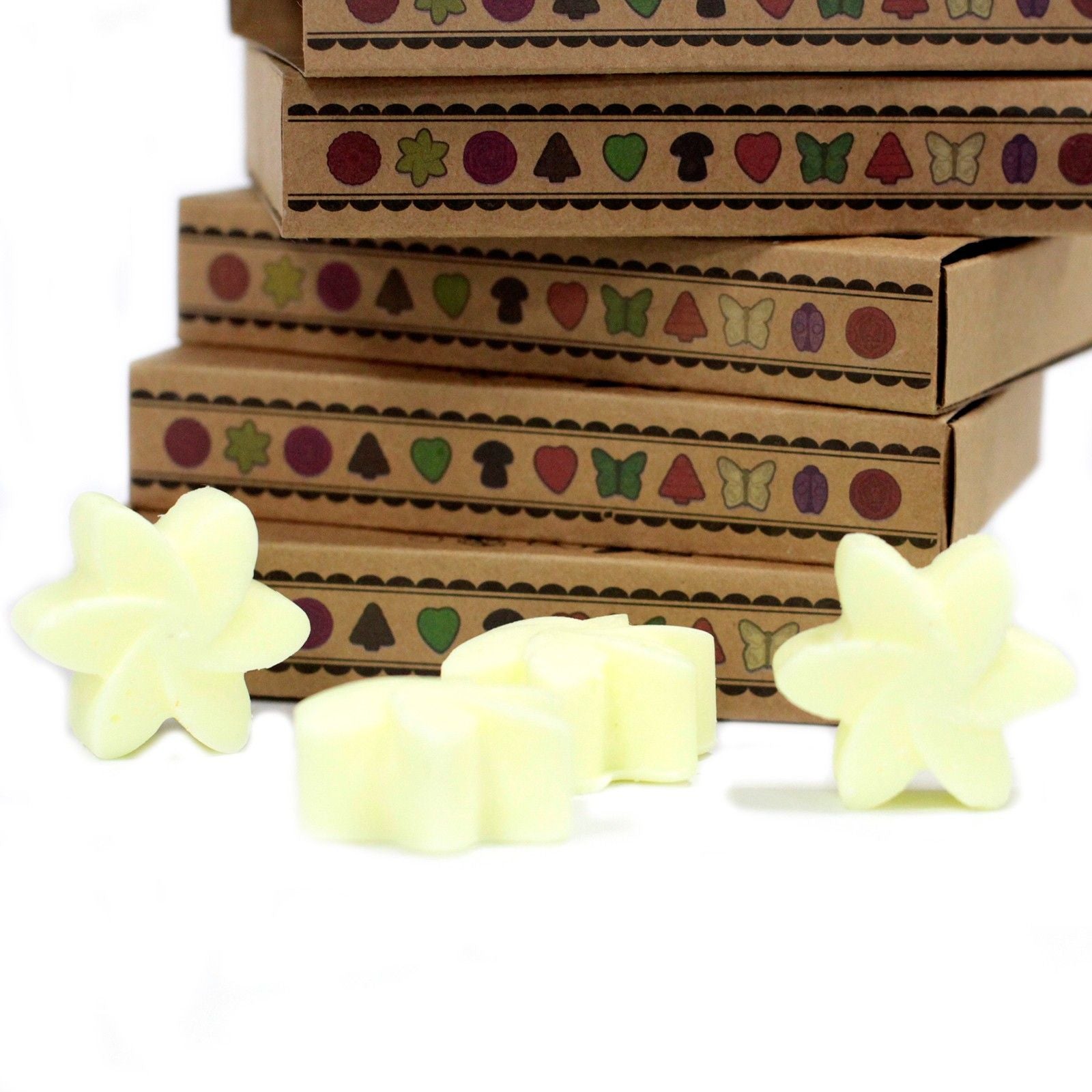 Set de regalo de wax melts de cera de soja y palma – Lemon Harvest, wax melts en forma de flor con aroma a limón, set de regalo en cajas kraft decoradas