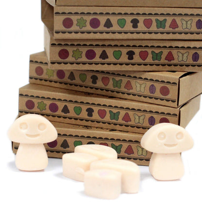 Soy & Palm Wax Melts Gift Set – Vanilla Nutmeg con cajas decoradas y melts de cera en forma de setas sobre fondo blanco