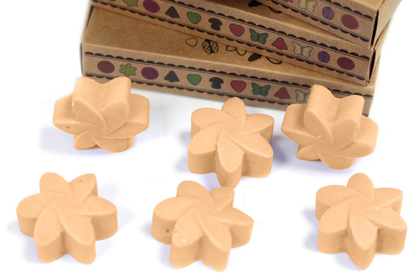 Alt Tag: Soy- & palmvaxmelts – Midnight Jasmine 6-pack beige blomformade vaxmelts med dekorativ kraftkartong, sex stycken