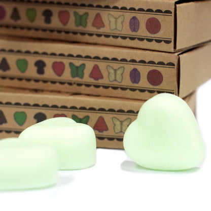 Soy and Palm Wax Melts – Watermelon Fresh Set of 6 wax melts in gift box, green heart-shaped melts displayed in front