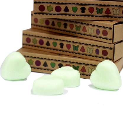 Alt Tag: Soy and Palm Wax Melts – Watermelon Fresh Set of 6, light green heart-shaped wax melts in gift box set