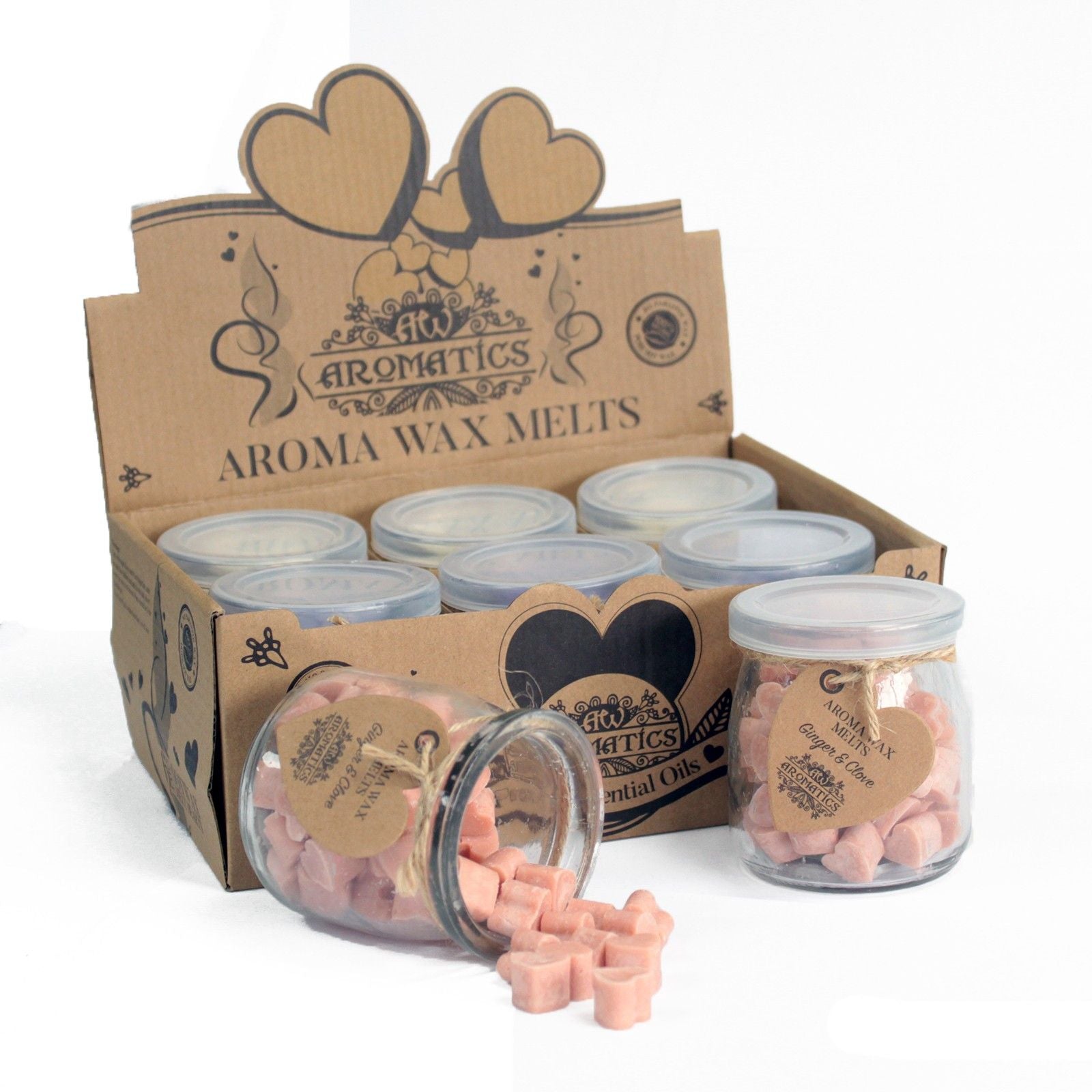 Alt Tag: Sojavax-aromadoftvax – Ingefära & Kryddnejlika 60 Hearts burkar med hjärtformade sojavaxsmältvax i kartongdisplaybox