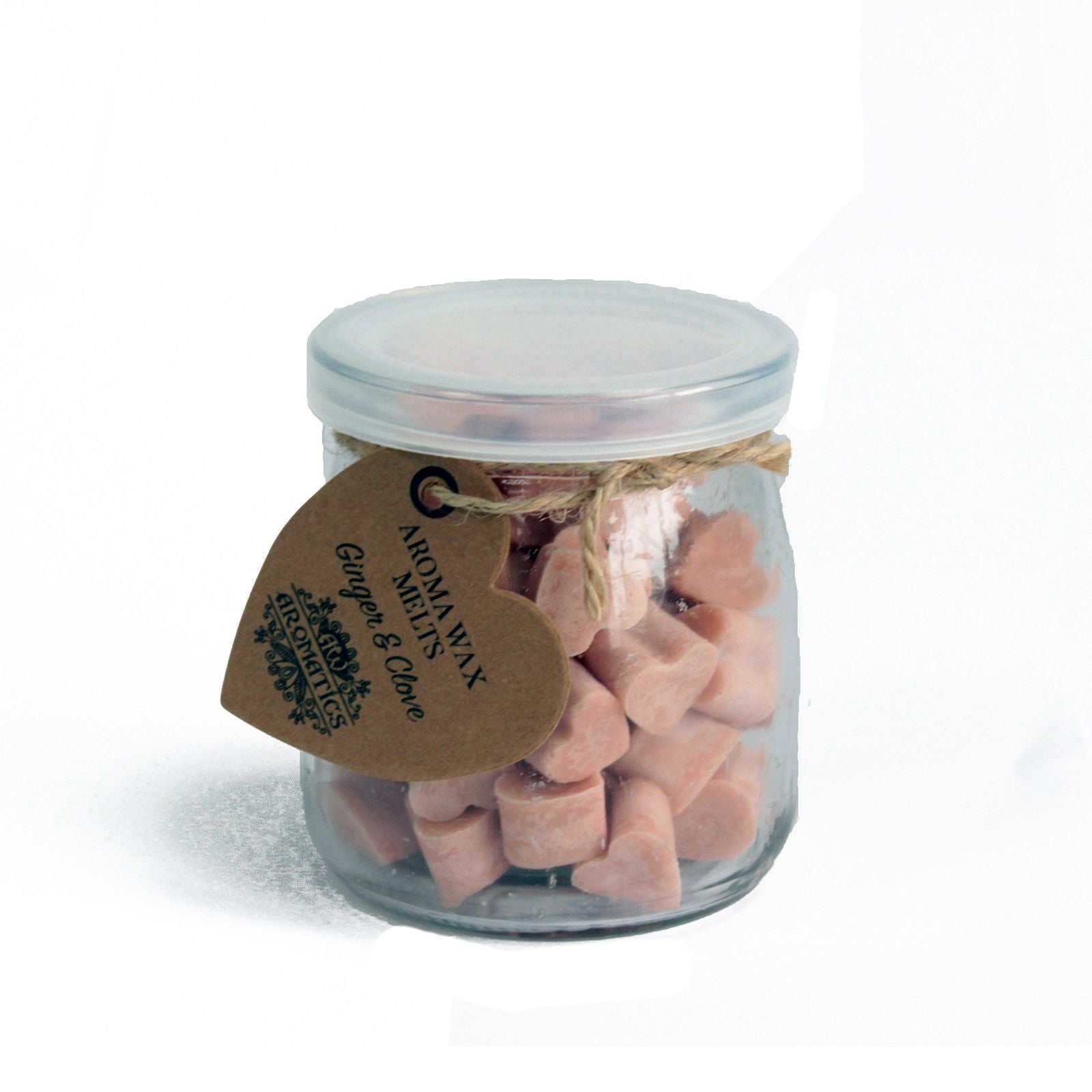 Alt Tag: Sojavax-aromavaxmelts – Ingefära & kryddnejlika burk med 60 hjärtan med rosa hjärtformade sojavaxmelts, etikett med doft av ingefära och kryddnejlika