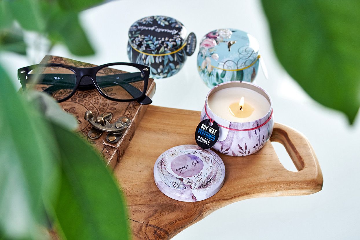 Soy Wax Art Tin Candle – Friendly Messages soy wax candle in decorative art tin on wooden tray with lit wick and lid