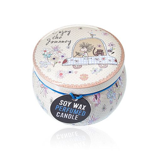 Alt Tag: Soy Wax Art Tin Candle – Friendly Messages decorative art tin soy wax candle with floral lid and “enjoy the journey” design