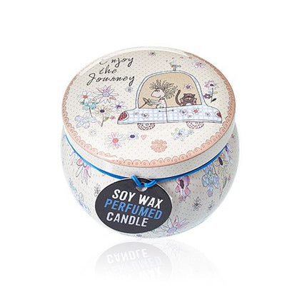 Alt Tag: Soy Wax Art Tin Candle – Friendly Messages decorative art tin soy wax candle with floral lid and “enjoy the journey” design