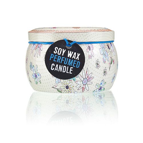 Soy Wax Art Tin Candle – Friendly Messages, vela perfumada de cera de soja en lata decorativa con flores y tapa, 6.5x6.5x5 cm