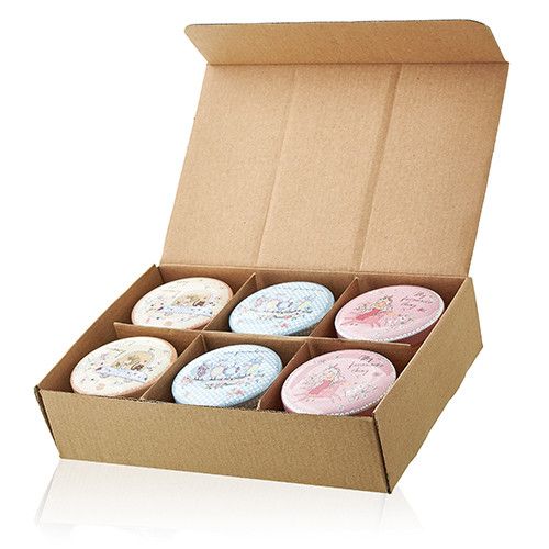 Alt Tag: Soy Wax Art Tin Candle – Friendly Messages set of 6 decorative soy wax tin candles in open kraft box packaging