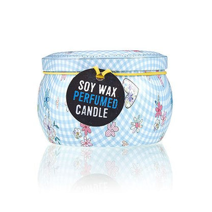 Soy Wax Art Tin Candle – Friendly Messages, perfumed soy wax candle in decorative blue floral tin with lid