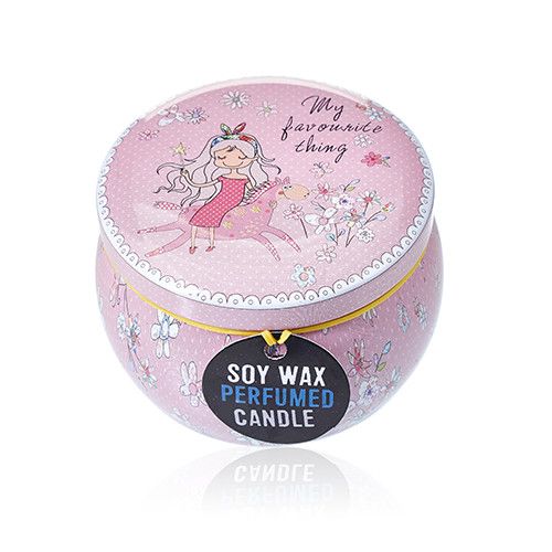 Alt Tag: Soy Wax Art Tin Candle – Friendly Messages pink decorative tin candle with girl illustration, soy wax perfumed candle