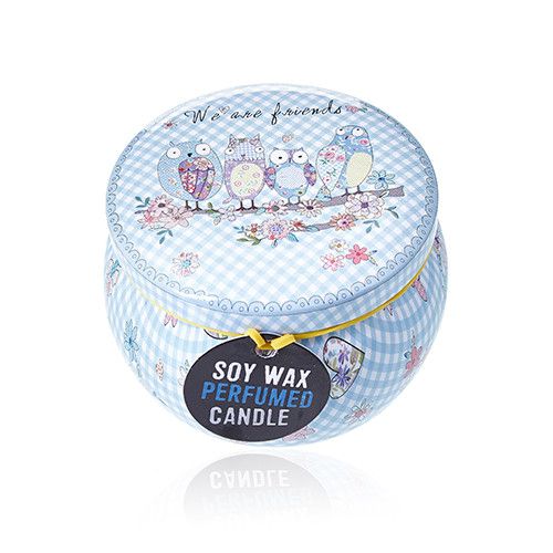 Soy Wax Art Tin Candle – Friendly Messages decorative tin candle with owl illustration, blue gingham design, premium soy wax, 6.5x6.5x5 cm