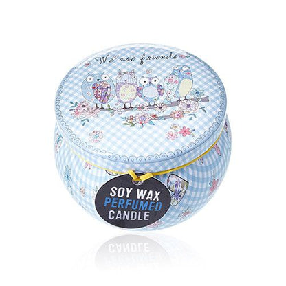 Soy Wax Art Tin Candle – Friendly Messages decorative tin candle with owl illustration, blue gingham design, premium soy wax, 6.5x6.5x5 cm