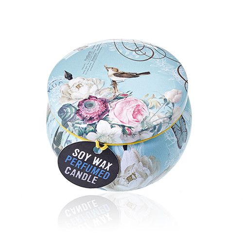 Alt Tag: Soy Wax Art Tin Candle – Parisian Weekend floral art tin candle with bird illustration, premium soy wax perfumed candle