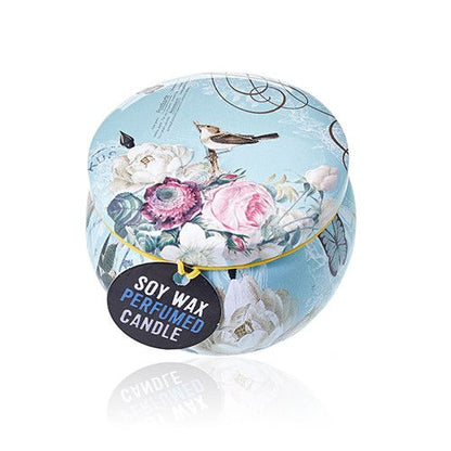 Alt Tag: Soy Wax Art Tin Candle – Parisian Weekend floral art tin candle with bird illustration, premium soy wax perfumed candle