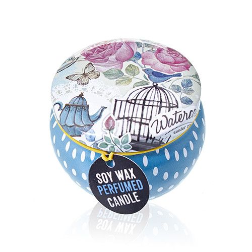 Alt Tag: Soy Wax Art Tin Candle – Parisian Weekend floral art tin soy wax candle with polka dot base and illustrated lid