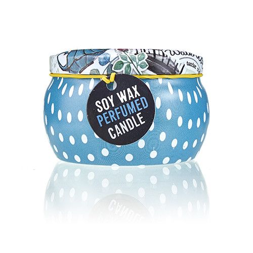 Alt Tag: Soy Wax Art Tin Candle – Parisian Weekend blue polka dot tin soy wax perfumed candle with decorative lid