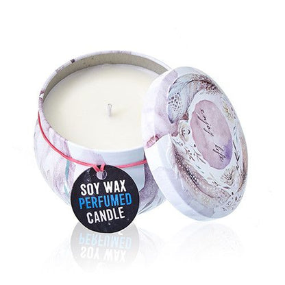 Alt Tag: Soy Wax Art Tin Candle – Parisian Weekend soy wax perfumed candle in art tin with lid, modern design