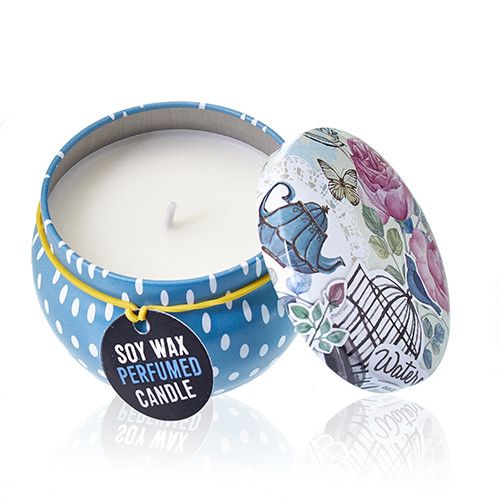 Alt Tag: Soy Wax Art Tin Candle – Parisian Weekend soy wax perfumed candle in blue polka dot tin with floral lid, open view