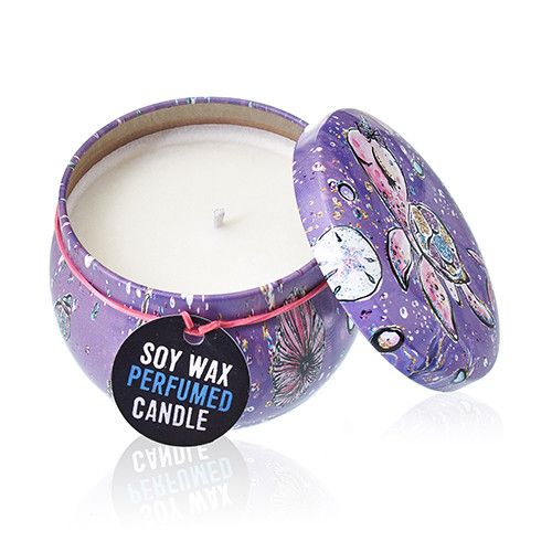Soy Wax Art Tin Candle – Sea Life purple sea-life art tin with lid, soy wax perfumed candle, single wick