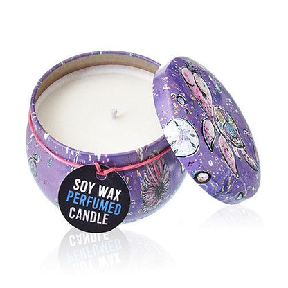 Soy Wax Art Tin Candle – Sea Life purple sea-life art tin with lid, soy wax perfumed candle, single wick