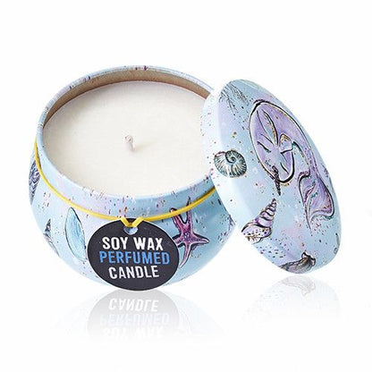 Alt Tag: Soy Wax Art Tin Candle – Sea Life soy wax perfumed candle in sea life illustrated tin with lid, single wick