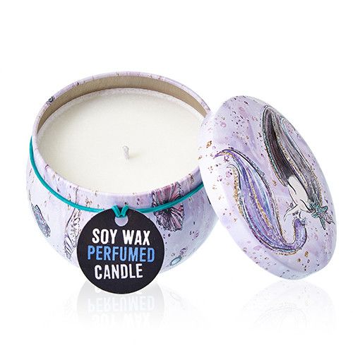 Soy Wax Art Tin Candle – Sea Life in round illustrated tin with lid, soy wax perfumed candle shown open